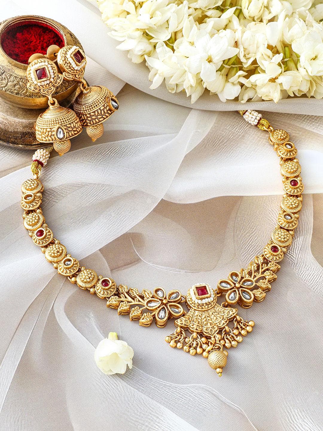 Rubans 24K Gold Plated Ruby Kundan Necklace